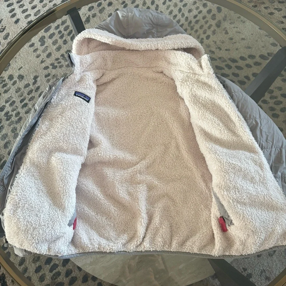 Patagonia Ready Freddy 2in1 Reversible Hooded Gray‎ Cream Fleece Jacket SzS